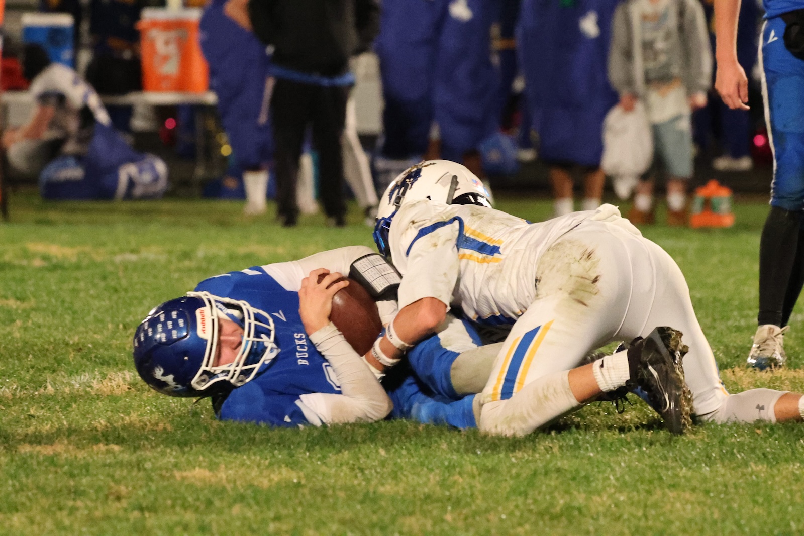 Blue-uniformed football player on the ground cradling the ball as a white-uniformed opponent lunges over him for a tackle on the field.